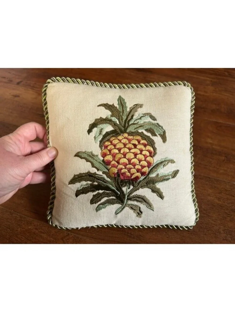 Decorative Embroidered Pineapple Throw Pillow with Green Trim